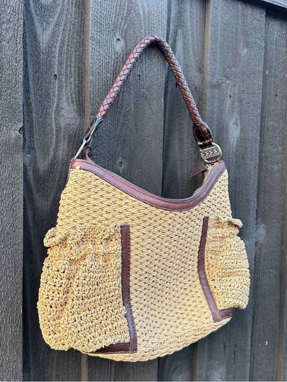 Brighton Woven Straw Handbag Shoulder purse brown leather trim size large - Picture 4 of 13